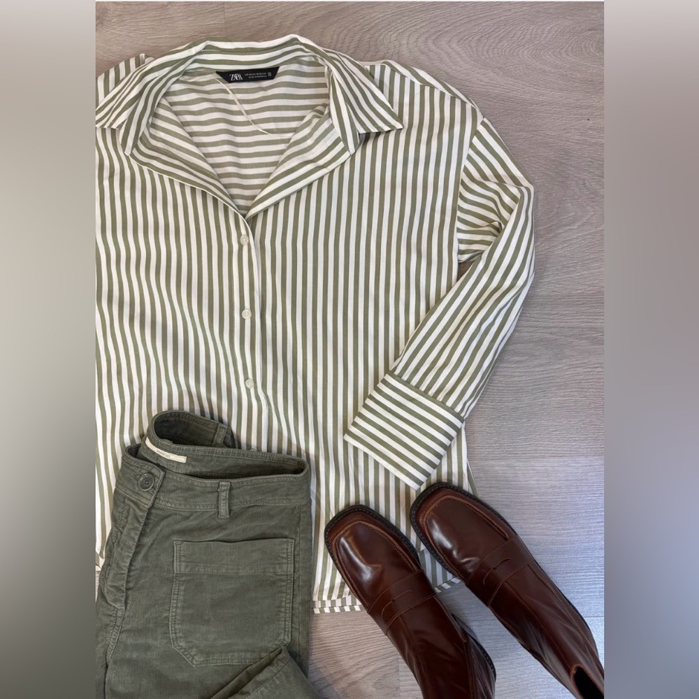 Zara Striped Green and White Shirt NWT - Picture 2 of 6